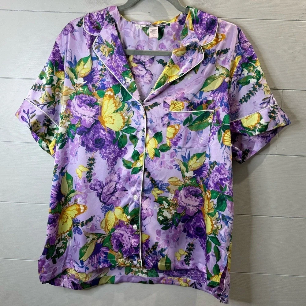 Victoria's Secret NWOT Floral Purple Satin Pajama Top Size Medium